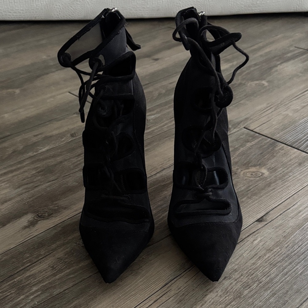 Zara Black Lace-Up Mesh and Suede Pumps Heels, Size 38